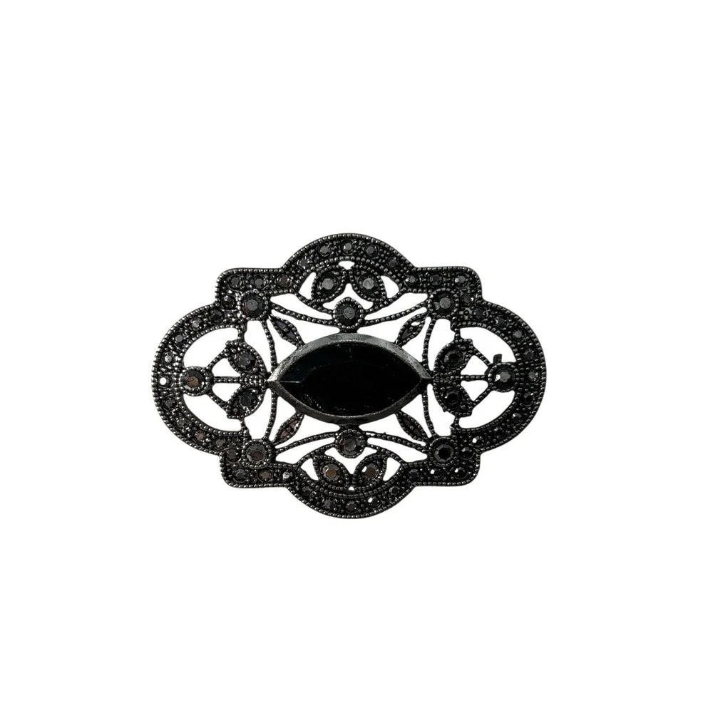 Vintage Signed RMN Silver‎ Tone Marcasite Faux Hematite Center Brooch Pin